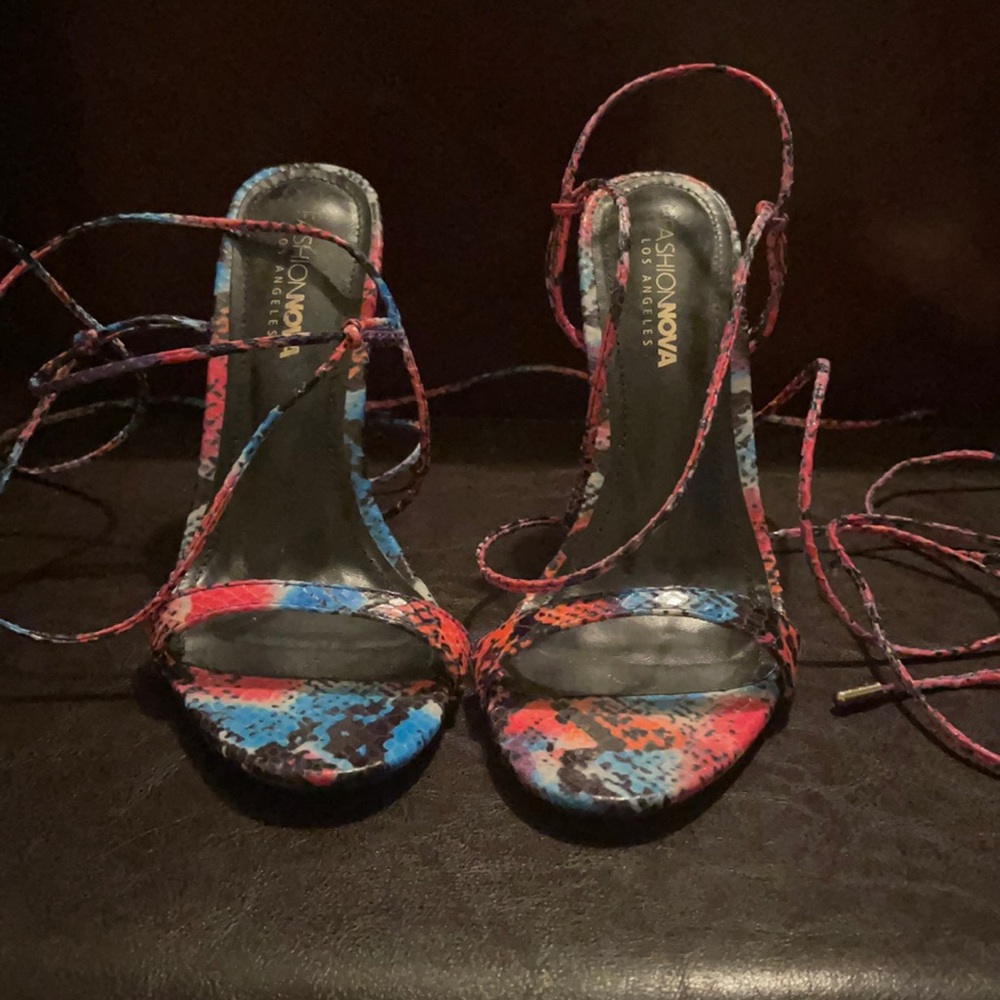 Multi color snake print lace up heel